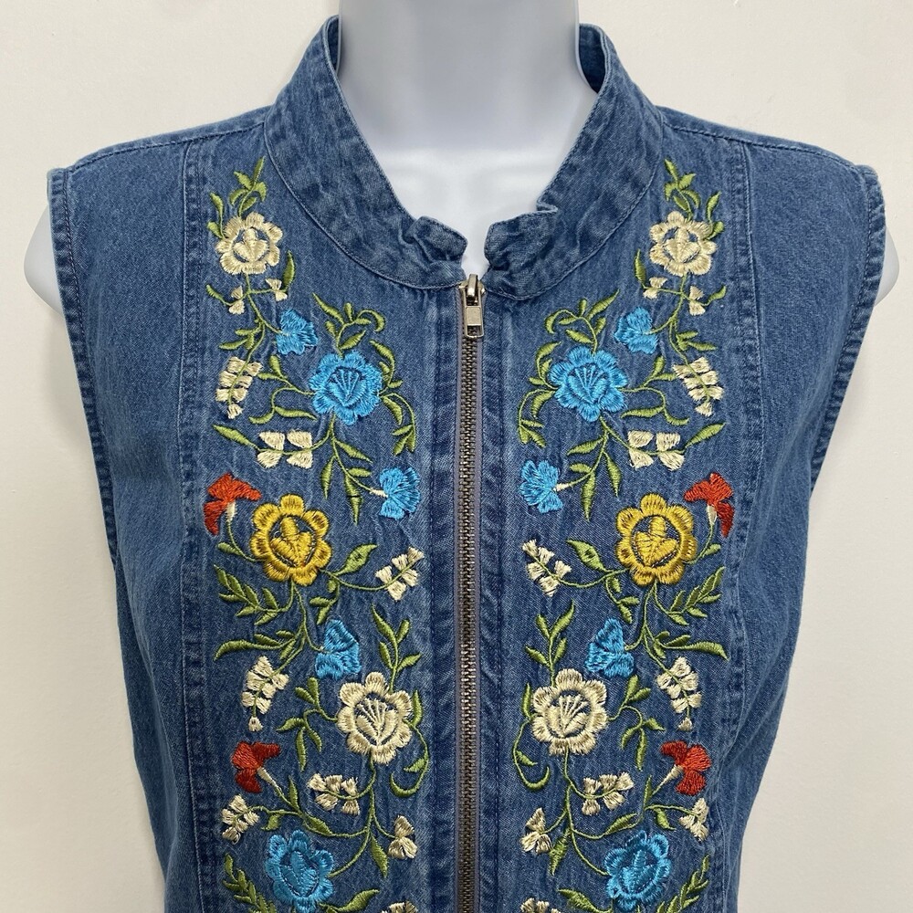 Country Store M Floral Embroidered Cotton Zip Up Vest Whimsical Ren-Faire Garb - Picture 3 of 9